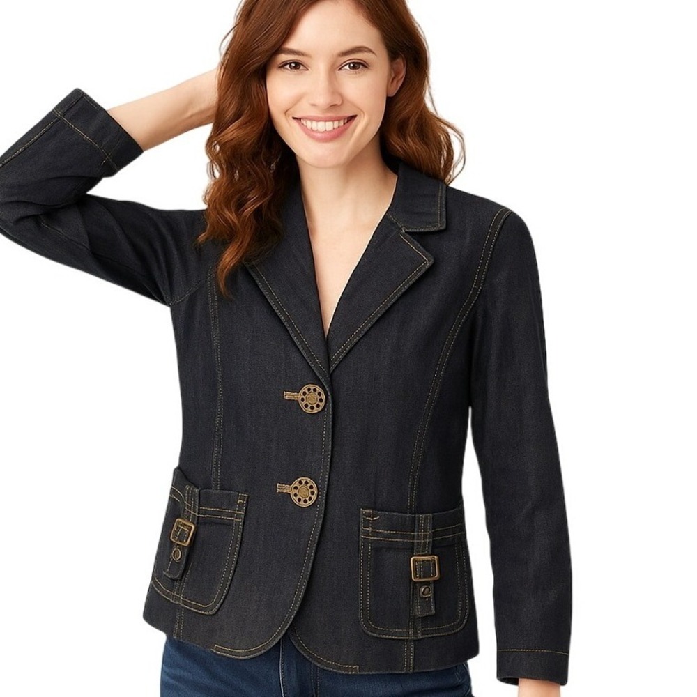 Nicole By Nicole Miller Denim Jacket Blue 2-Button Blazer‎ Stretch Notched Lapel